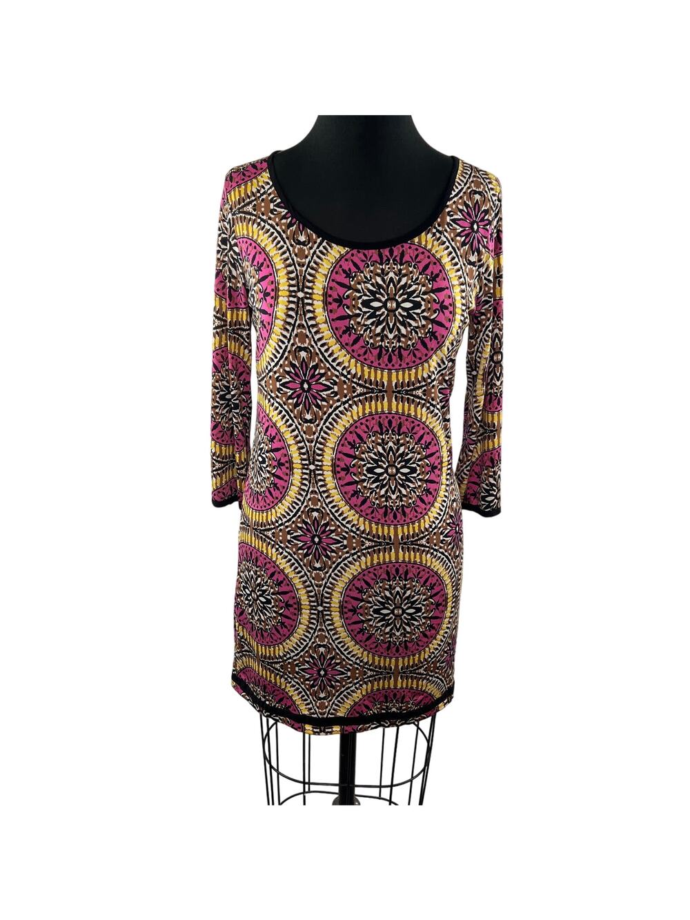 T Bags Los Angeles Pink Brown Tunic Top Floral Stretch Scoop Neck Size Small S